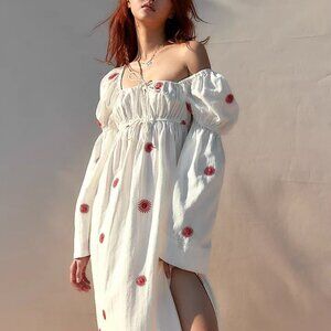 NEW Free People Emory Embroidered Full Sleeve Cotton/Linen Dress Sz S